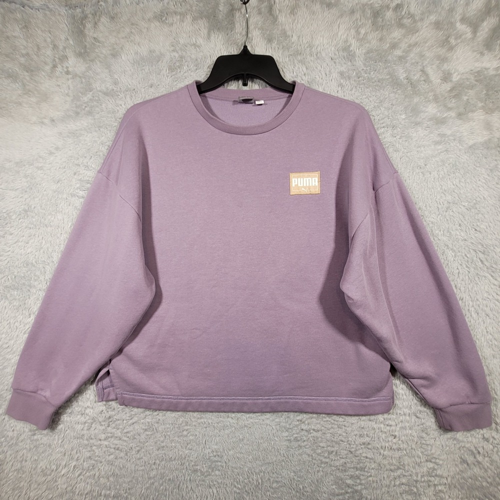 Puma Sweatshirt Women Large Purple‎ Crewneck Fleece Boxy Logo